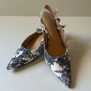a new day White and Navy Blue Italian Floral Pointed Toe Slingback Heels